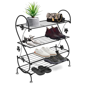 Organisateur de chaussures en fer pour salon entrée tour à chaussures antirouille fleurs décoratives support à chaussures industriel rustique noir support - Product Image 1