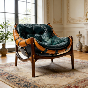 Sillón de Salón de Mediados de Siglo, Sillón de Cuero Marrón, Sillón Reclinable de Relajación, Sofá Individual para Sala de Estar, Sillón Vintage con Brazos de Madera - Product Image 5