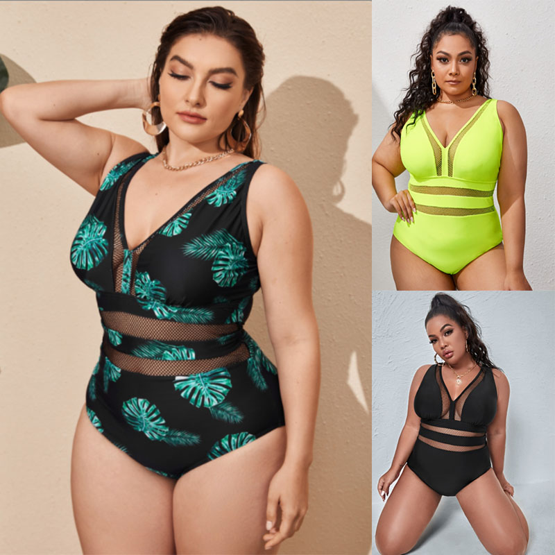 2022 New Design DAMO Plus Size One Piece Swimsuit Sexy Women Leaf Printed Lace Monkini Recycled Nylon Swimwear