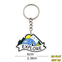 EXPLORE Camping Scene Porte-clés en acrylique, motif tente, montagne et feu de camp avec bannière, breloque transparente durable pour clés, sacs, sacs à dos