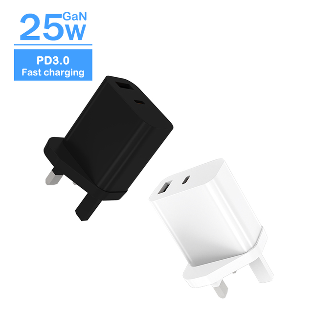 GaN 25W PD Fireproof Dual-port Fast Charging Adapter with Type-C and USB-A Ports for Mobile Phone & Earphone CE Certified