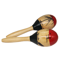 Paire de maracas en bois avec têtes rouges, motif palmier peint, poignées en bois naturel, pour la musique