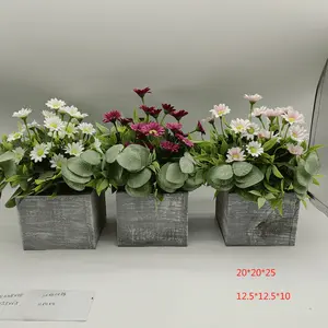 Caja de maceta de madera de cubo Retro Natural para decoración del hogar maceta de estilo moderno con flores artificiales para sala de estar