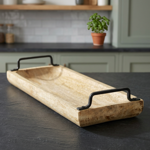 Rectangle Mango Wood <b>Serving</b> <b>Tray</b> With <b>Black</b> Metal Handles Minimalist Design Handmade Dishes & Plates - Product Image 3
