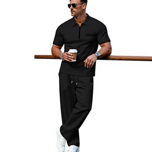 Men's Winter Solid Casual Fleece Knitted Short Sleeve Polo Shirt Set Pockets Matching Pants Quick Dry Polyester/Cotton 180g - Product Image 2