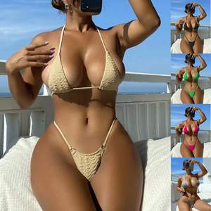 Maillot de bain sexy 2 pièces pour femme 2025, style bikini triangle à nouer sur le côté, motif uni, en polyester/nylon antibactérien - Product Image 2