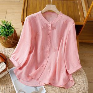 Women's Linen Shirt With Embroidered Flowers Three Quarter Sleeve Stand Up Collar Retro Loose Fit For Everyday Wear - Product Image 3