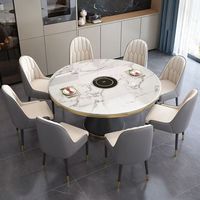 Ensemble de table à manger moderne en pierre frittée ronde avec plateau tournant et chaises rembourrées