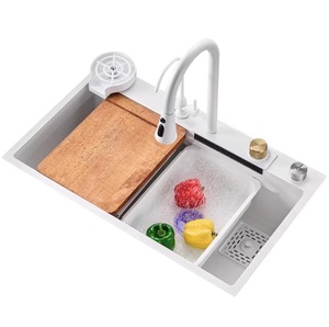 Lavello da Cucina a Vasca Singola Profonda 22cm con Rubinetto a Cascata Estraibile, Kit Accessori 13 Pezzi, Acciaio Inossidabile 304, Bianco - Product Image 2