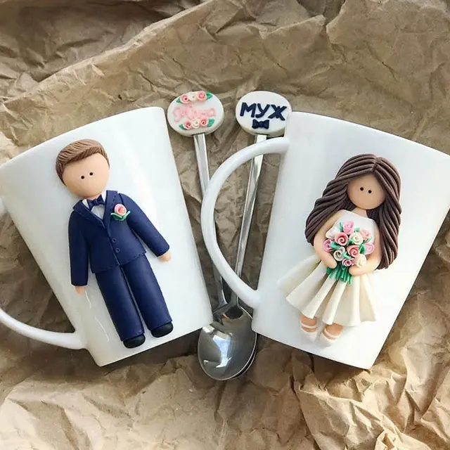 Schönes Paar Polymer Clay Hochzeits geschenk becher 3d Keramik Kaffeetasse