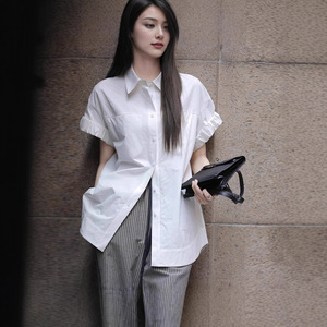 Camisa Azul Claro de Manga Corta para Mujer, Diseño Nuevo de Verano y Otoño 2026, Abrigo de Longitud Media, Sitio Web Oficial - Product Image 1