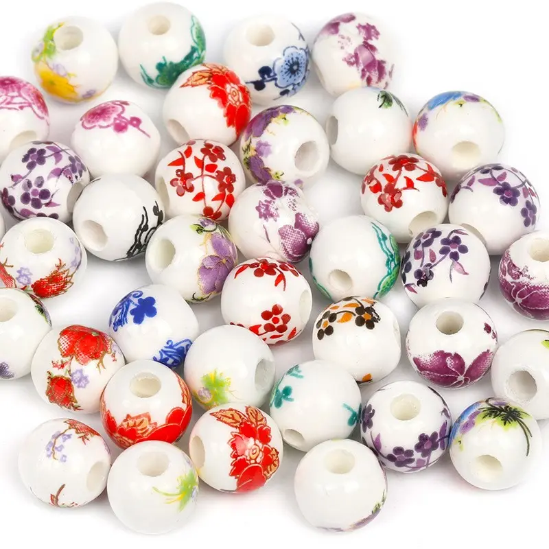 Perles rondes en céramique exquise, 4 pièces tout en un, perles d'espacement pour décalcomanie fleur en porcelaine pour la fabrication de bijoux, fabrication de Bracelets et de colliers