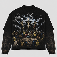 T-shirt à manches longues personnalisé avec étiquette privée, en coton épais, lavage minéral, pour homme, avec motif graphique Jésus, effet superposé, faux deux pièces