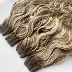 2024 Hot Selling Russian Double Drawn Balayage Color Curly Natural Wave Invisible Genius Weft Human Hair Extension