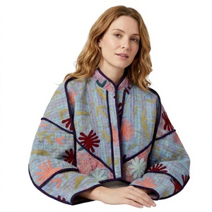 Elegant Floral Printed Knitted Cotton Blend <b>Kantha</b> <b>Jacket</b> with Mandarin Collar and Batwing Sleeves Autumn Eco-Friendly - Product Image 1