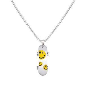 Collier pendentif skateboard en acier inoxydable avec motif visage souriant pour hommes et femmes, bijoux tendance - Product Image 5