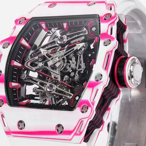 Montre mécanique squelette personnalisée haut de gamme 2026 pour homme, cadeau luxueux, boîtier en fibre de carbone dégradé blanc-rose, montre-bracelet de sport - Product Image 2