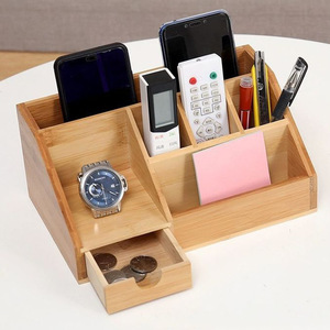 Bamboo Desktop Organizer With Partitions Natural Wood Color Rectangle Standing Type Office <b>Storage</b> <b>Box</b> <b>Drawer</b> Type - Product Image 1