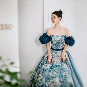 Off The Shoulder Floral Print Ball Gown Evening Dress Satin Floor Length Natural Waistline Adult Party Wear - Product Image 2
