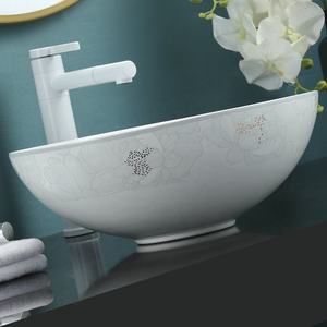 อ่างเซรามิกทรงกลมสำหรับห้องน้ำสีมันวาวอ่างล้างมือด้านบนพร้อมลายดอกบัว - Product Image 5