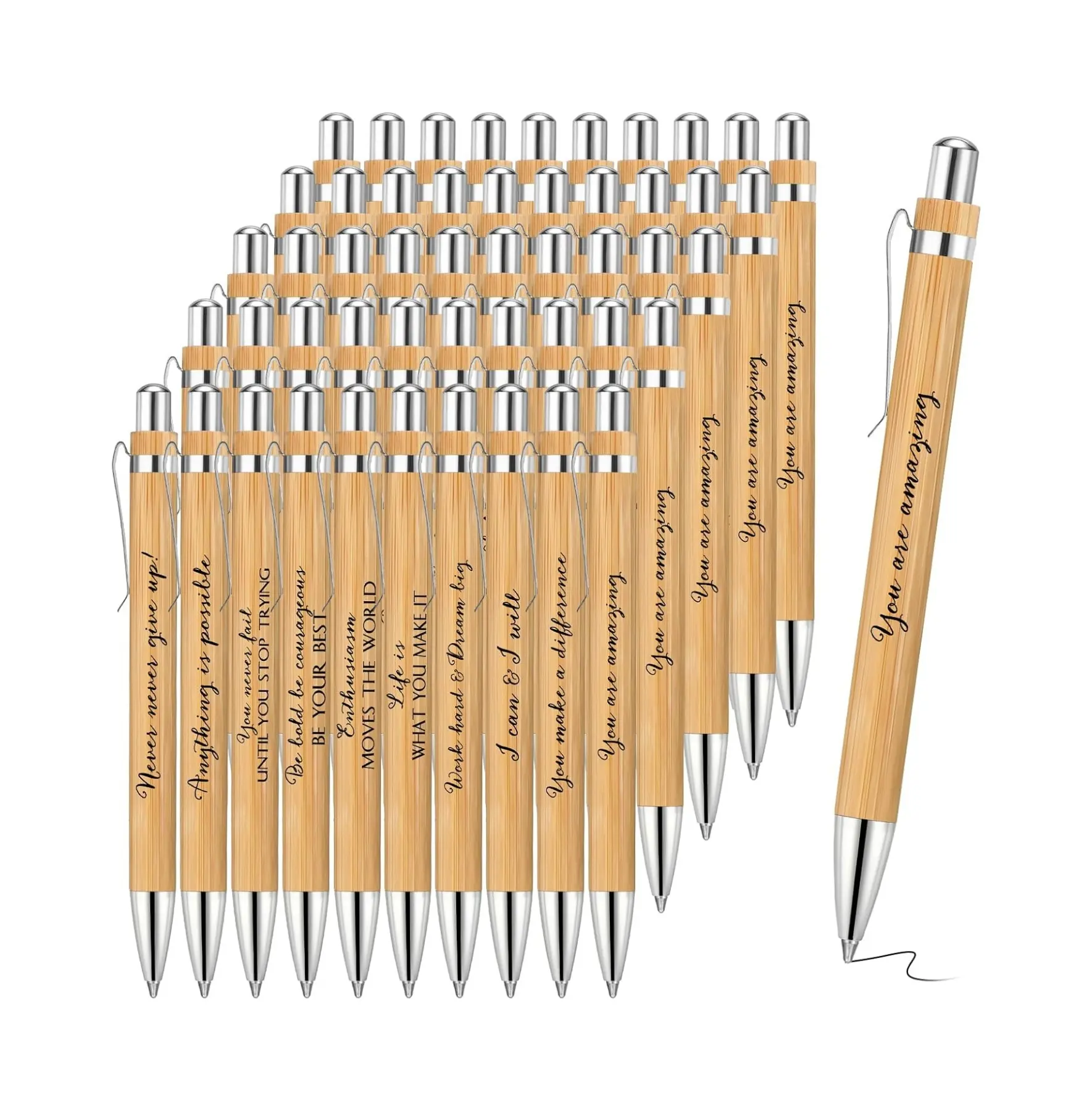 Inspirational Quote Bamboo Pen Bulk Motivational Wooden Pen Black Ink Ballpoint Pen School Office Supplies Appreciation Gifts