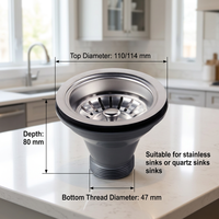 Évier de cuisine au design moderne SS201, égouttoir de 110 mm de diamètre, finition polie en acier inoxydable, connexion filetée, facile à nettoyer