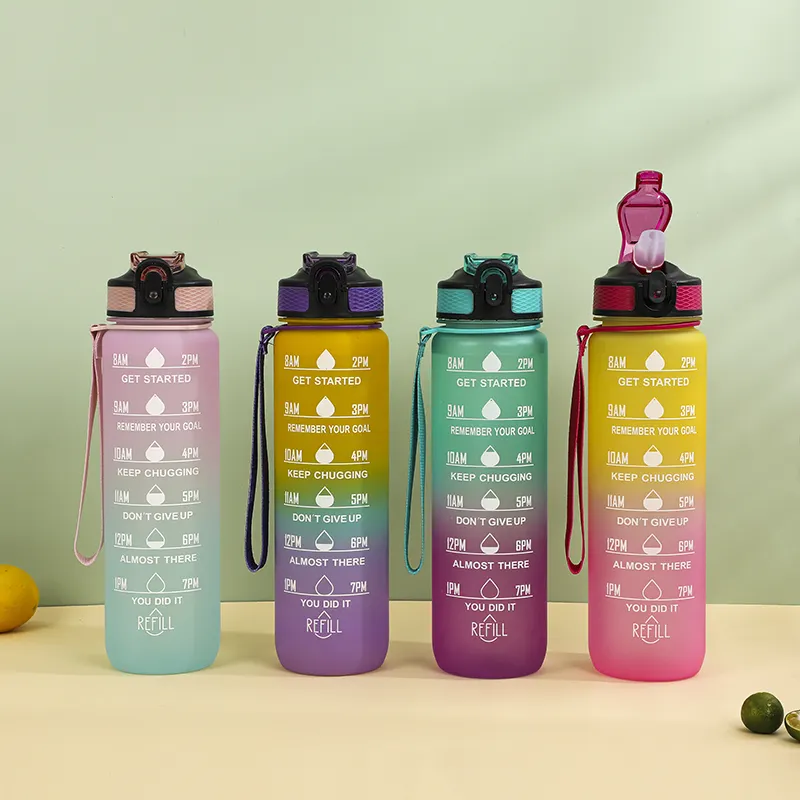 1000ml BPA मुक्त Tritan ढाल समय चिह्नित आउटडोर जिम खेल पानी की बोतल भूसे के साथ 1L पानी की बोतल