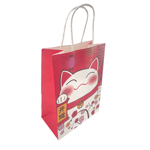 Sac d'emballage en papier kraft blanc personnalisé avec poignée, motif chat porte-bonheur, pour cadeaux et courses, fabriqué à la machine - Product Image 4