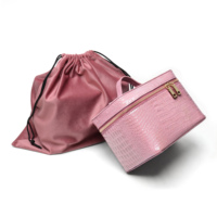 Boîte de rangement pour maquillage en PU grain alligator rose brillant de qualité supérieure, avec plateau amovible, étui de voyage portable pour cosmétiques et bijoux