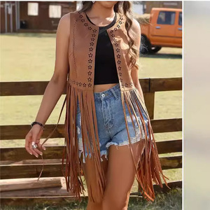 <span class=keywords><strong>Gilet</strong></span> <span class=keywords><strong>long</strong></span> vintage hippie européen et américain pour <span class=keywords><strong>femme</strong></span>, sans manches, à œillets et franges, en suède et peluche, modèle 120 - Product Image 1