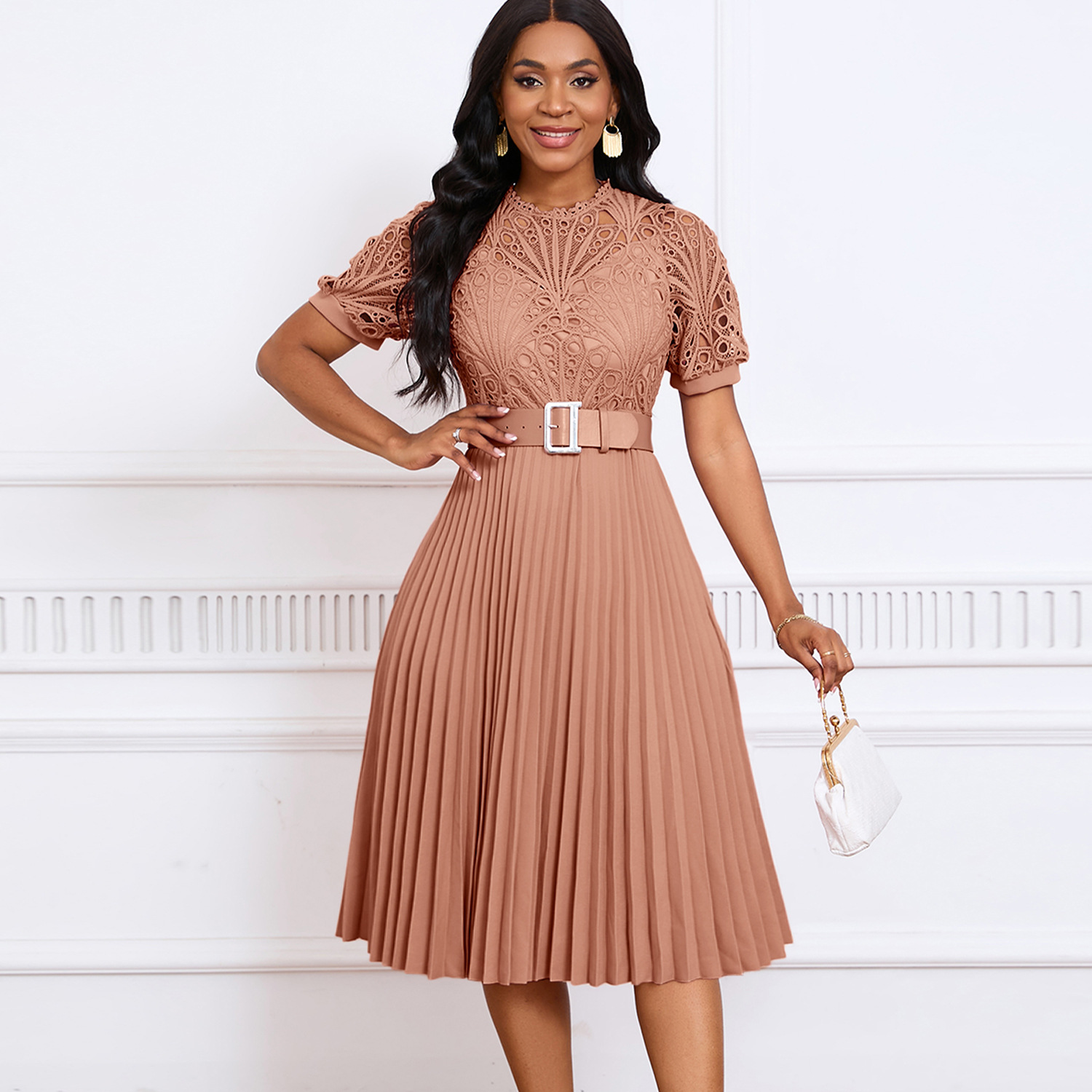 Elegant Short Sleeve Lace Pleated Summer Dress for Women | Casual Office Style with Belt Set | Fast Shipping Available Elegant Short Sleeve Lace Pleated Summer Dress for Women | Casual Office Style with Belt Set | Fast Shipping Available