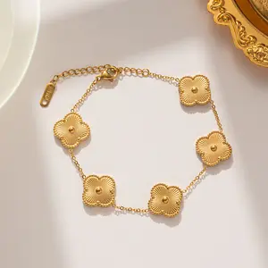 Wholesale 304/316L 5 Clovers Flower Shaped Gold Plated Stainless Steel Bracelet Earring Necklace Jewelry Set For Women