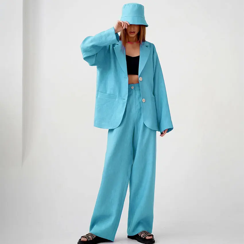 Custom 2023 Organic 100% Linen Plus Size Two Piece Elegant Sets Bright Color Oversized Trousers And Blazer Suit Set For Ladies