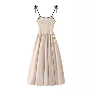 Women's Knit <b>Dress</b> <b>Elastic</b> Waist Sleeveless Contrast Color Splicing Breathable Slim Fit Long Summer Style - Product Image 1