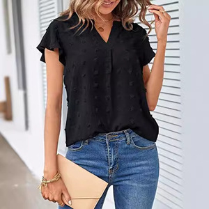 Blusa <span class=keywords><strong>de</strong></span> Verano con Mangas con Volantes Plisadas para Mujer, Estilo Casual, Cuello en V, Manga Corta, Color Blanco - Product Image 3