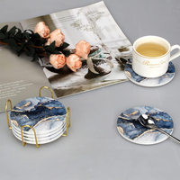 Ensemble de 6 sous-verres ronds en céramique bleu marine marbré abstrait avec support, les meilleurs sous-verres absorbants pour la décoration de table basse