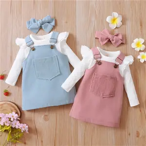 Conjunto de roupas de bebê meninas com nervuras de algodão liso para primavera, roupas infantis para recém-nascidos, 1 unidade, marca própria