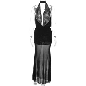 ชุดเซ็ต 2 ชิ้นสำหรับผู้หญิง ผ้าตาข่ายซีทรู คอแบบผูก ชุดเดรสจับจีบ พร้อมกระโปรงตาข่ายยาว แฟชั่น - Product Image 4