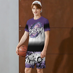 T-shirt estiva traspirante per ragazzi con stampa Galaxy <span class=keywords><strong>DREAM</strong></span> sfumata viola bianco nero e pantaloncini viola graffiti, set da 2 pezzi per basket - Product Image 1