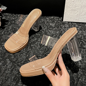 2025 New Fashionable and Sexy Square Head Women's High Heels Transparent Holiday Bar Party Transparent Women's <b>Shoes</b> - Product Image 3