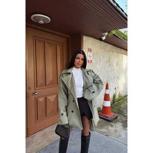 Gabardina Color Caqui con Detalle de Botones, Estilo Casual Largo, Cierre Cruzado, Impermeable, Decoración con Estampado para Otoño/Primavera - Product Image 1