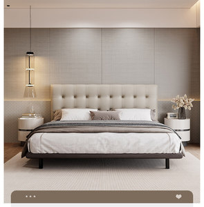 Letto in Pelle, Stile Moderno <span class=keywords><strong>e</strong></span> Semplice di Lusso, Struttura in Legno Massello, Testiera in Pelle, Letto Matrimoniale Crema per Camera da Letto Principale - Product Image 4