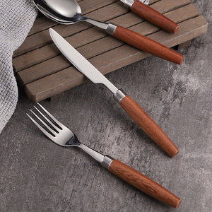Ensemble de couverts durables en acier inoxydable 304 avec manche en bois de rose, couleur unie, couteau, fourchette et cuillère de style occidental pour dîner de fête - Product Image 2