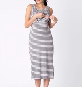 Fashion Ruched Casual Bandeau Maternity Fold Breastfeed Stripe O-neck Cotton Cami Maxi Dress For Women