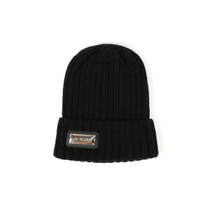 Loại Độc Đáo Phong Cách Tùy Chỉnh Kích Thước Bảo Vệ Mùa Đông Màu Đen Và Xám Kim Loại Logo 100% Acrylic Beanie Dệt Kim Hat - Product Image 2