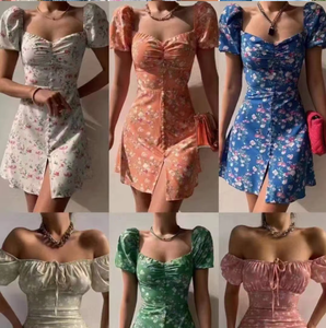 Vestido Elegante de Oficina para <span class=keywords><strong>Mujer</strong></span>, con Cuello en V, Manga Corta, Cintura Imperio, Silueta en A, Estampado Floral Aleatorio, para Bordado - Product Image 4