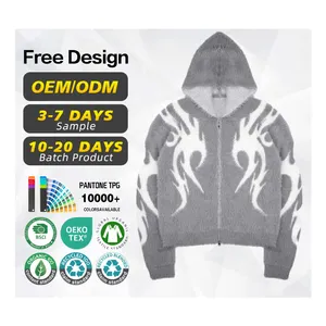 Custom Design Mohair Zip Hoodie Männer Winter Strick Fuzzy Fluffy Mohair Übergroße Strick pullover Jacquard Mohair Hoodie Jacke