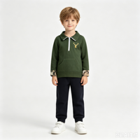 Pull brodé cerf pour bébés filles, olive, manches longues, avec poche zippée, style chasse
