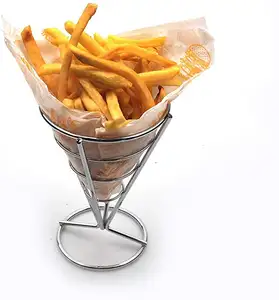 Metal titular cesta cone cone stand para batatas fritas francês fry fish and chips e aperitivos, fio de aço inoxidável cone único servidor