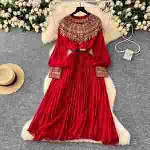 Robe mi-longue plissée style tunique romaine printemps 2025 pour femme, robe en dentelle patchwork à sequins coupe Empire - Product Image 3